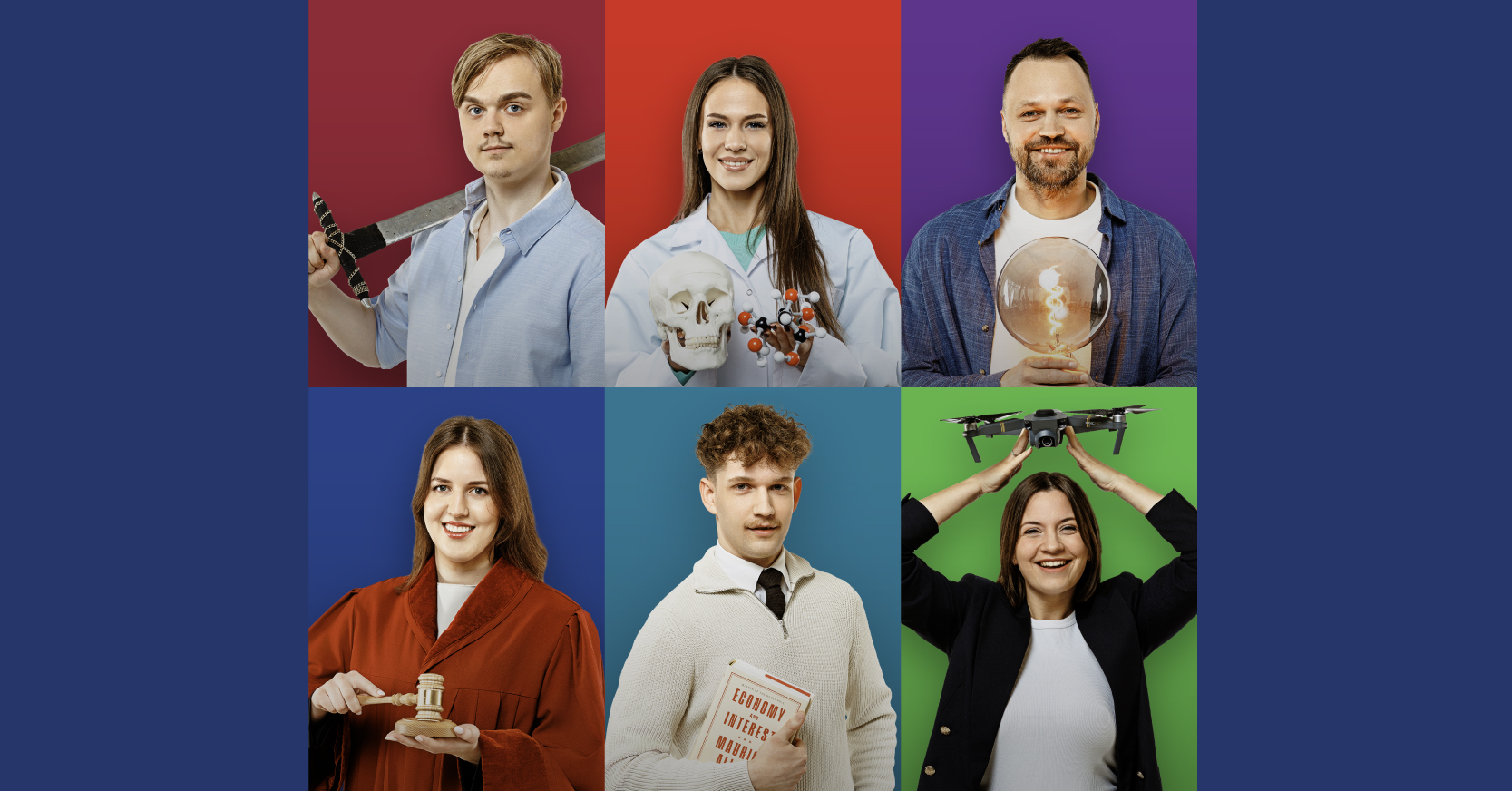 Sešu Latvijas Universitātes studentu kolāža uz dažādu fakultāšu krāsu foniem; studenti tur ar studiju jomām saistītus priekšmetus, tostarp zobenu, zinātnes modeļus, spuldzi, tiesneša āmuriņu, grāmatu un dronu